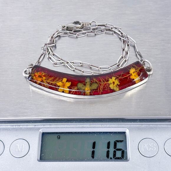 Vintage Sterling Silver Pressed Flower Bar Necklace | Real Botanical Jewelry 16" - Picture 7 of 7